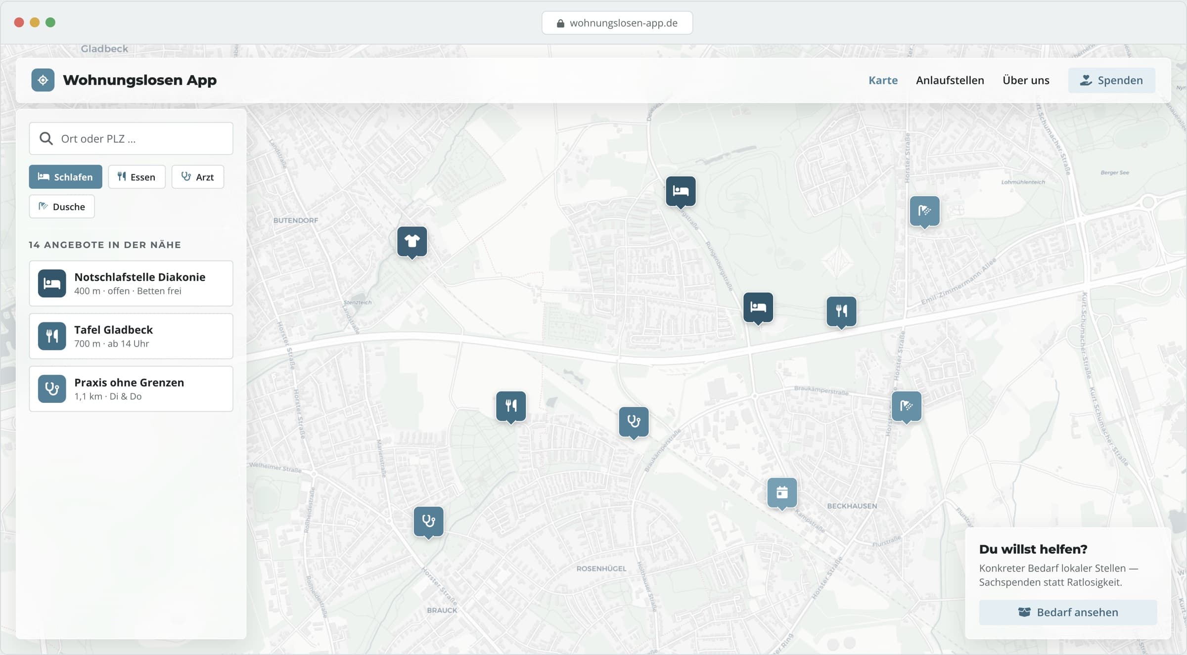 Wohnungslosen App · Konzept mit Karte für Hilfe in der Nähe