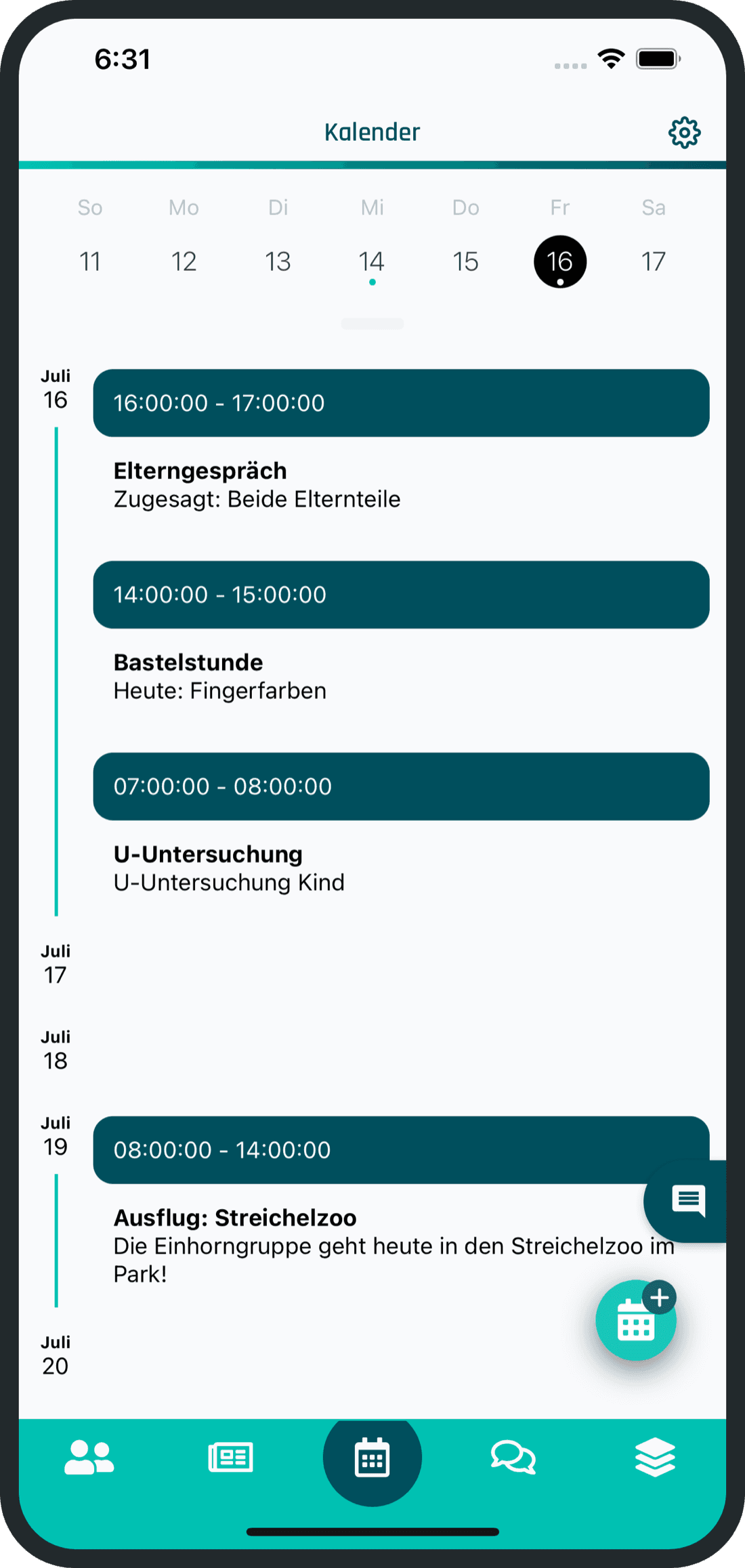 itana: Kalender mit Terminen sowie Krank- und Urlaubsmeldungen